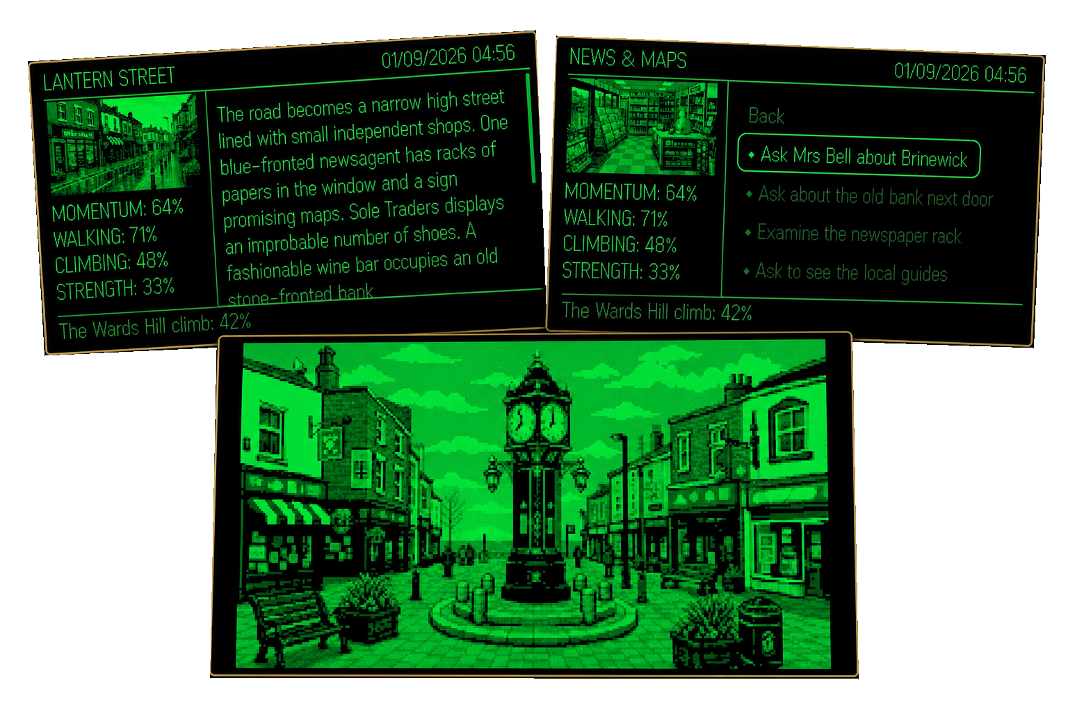 TaleActive on the G2 emulator: Lantern Street narration, News & Maps choices and the clock tower.