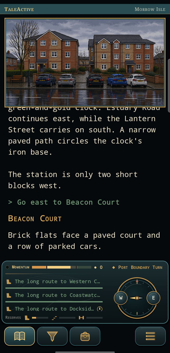 The current TaleActive game at Beacon Court, with its rainy courtyard location artwork visible