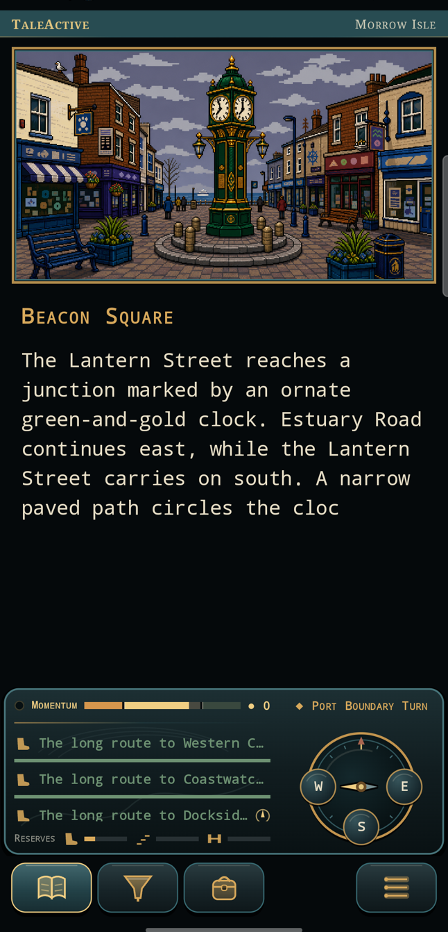 The current TaleActive game at Beacon Square, with its green-and-gold clock and location artwork visible
